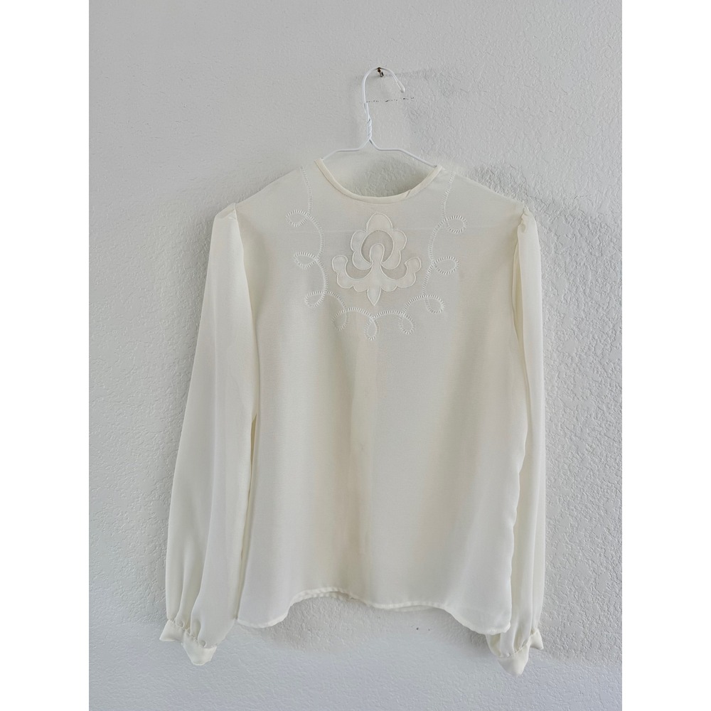 Vintage Marinette Cream‎ Embroidered Blouse Button Back Minimalist